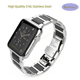 Apple watch replacement watch bandBlack-ceramic-and-Silver-stainless-steel watch straps for apple watch Black-ceramic-and-Silver-316L-stainless-steel