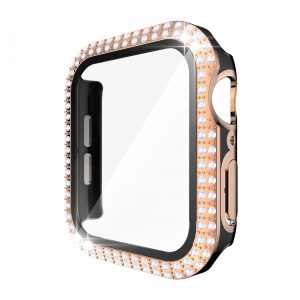 New Screen Protector For Apple Watch 6/SE/5/4/3/2/1 44mm, 40mm 42mm,38mm, Luxury Two-Tone Color Double Row Glitter Rhinestone Bling Crystal Diamonds Look Protective Cover With HD Tempered Glass Build-in Screen For Iwatch (Black With Rose Gold Color)