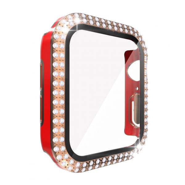 New Screen Protector For Apple Watch 6/SE/5/4/3/2/1 44mm, 40mm 42mm,38mm, Luxury Two-Tone Color Double Row Glitter Rhinestone Bling Crystal Diamonds Look Protective Cover With HD Tempered Glass Build-in Screen For Iwatch (Red With Rose Gold Color)