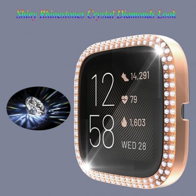 Screen Protector For Fitbit Versa2,8 Pack Bling Rhinestone Crystal Diamonds Look Hard PC Watch Case Cover With HD Tempered Glass Build-in Screen